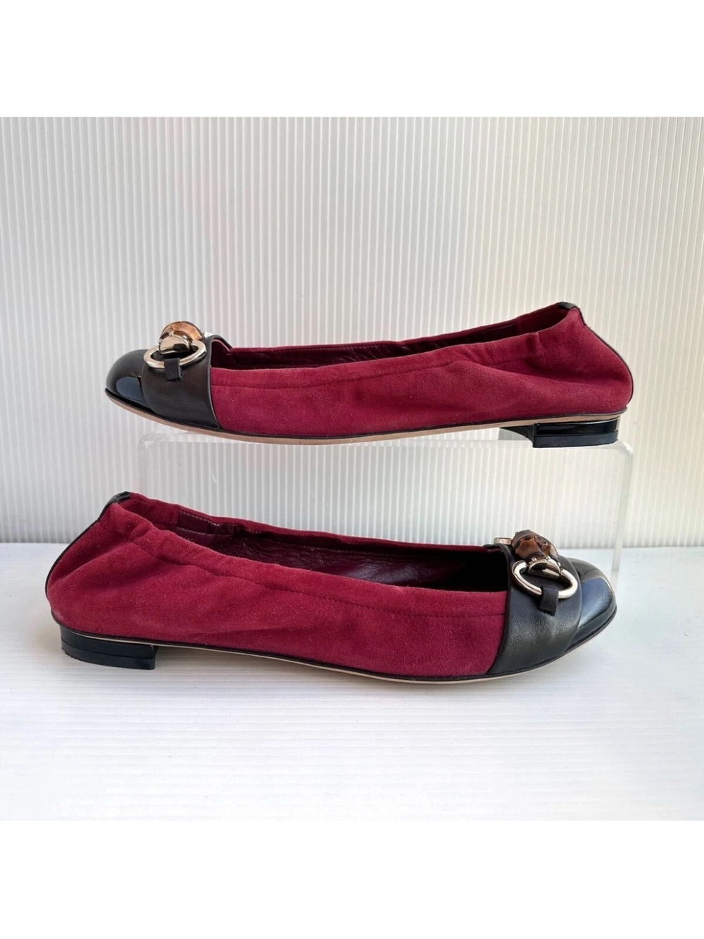 Gucci Wine Suede & Black Patent Ballet Flats with Bamboo Horsebit - Picture 5 of 9